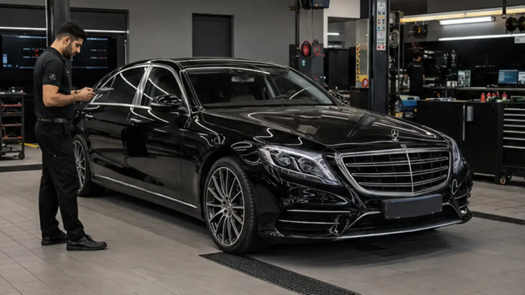Modern luxury saloon at a documented condition intake in a premium independent Dubai workshop