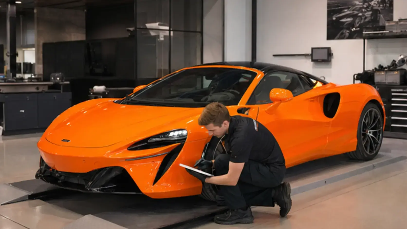 Current McLaren Artura at a protected condition intake in an independent workshop