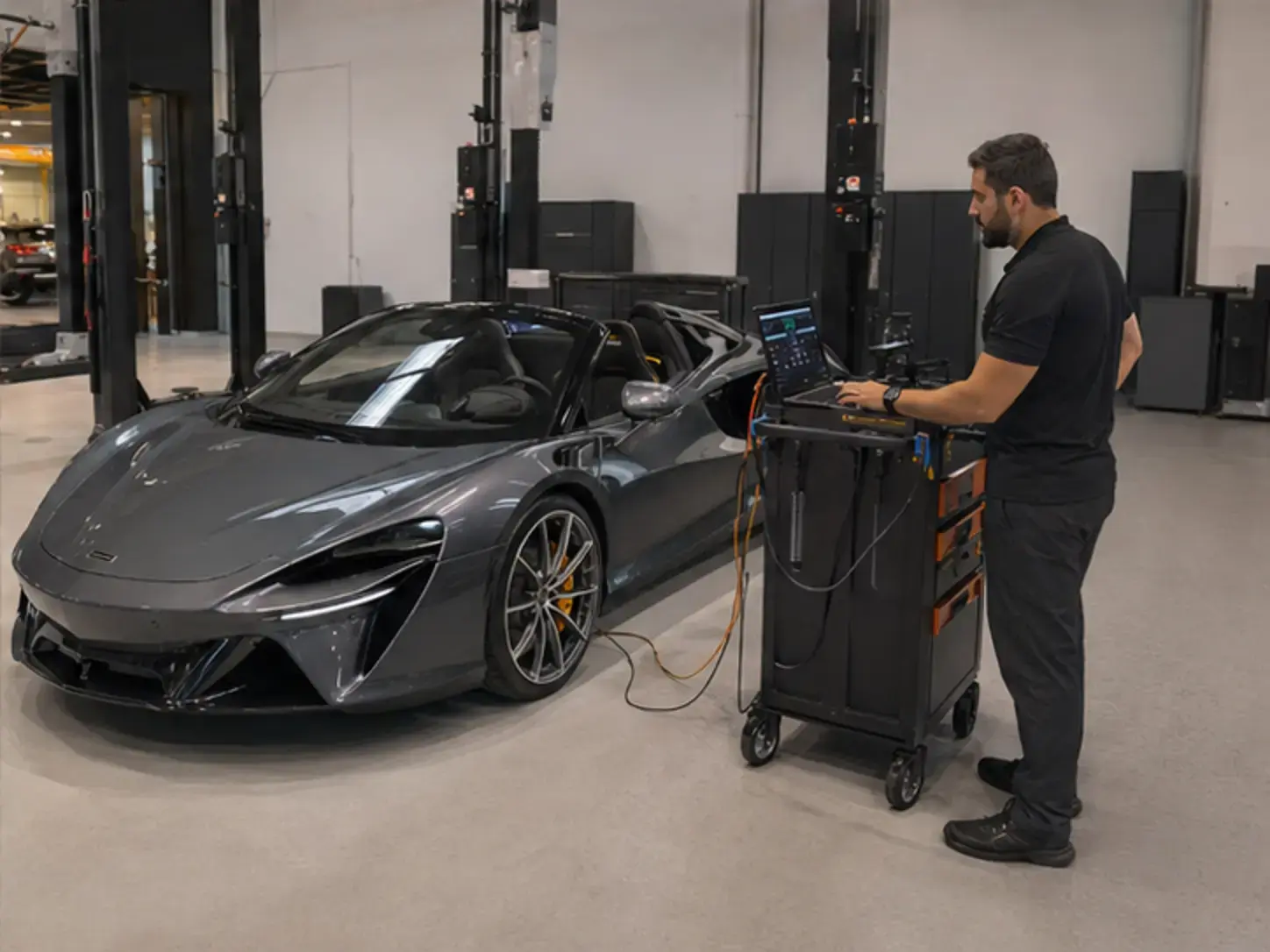 Technician carrying out low-voltage diagnostic verification on a McLaren Artura