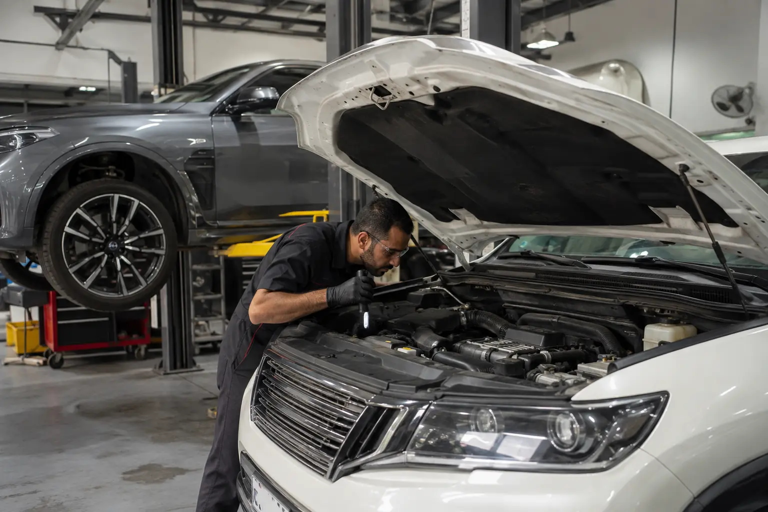 Mechanic inspecting engine components during car repair
