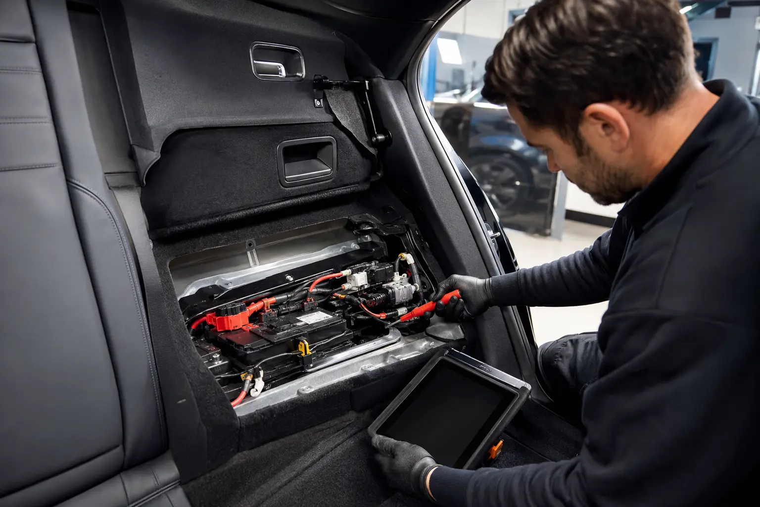 Technician inspecting a Mercedes auxiliary battery compartment with diagnostic equipment
