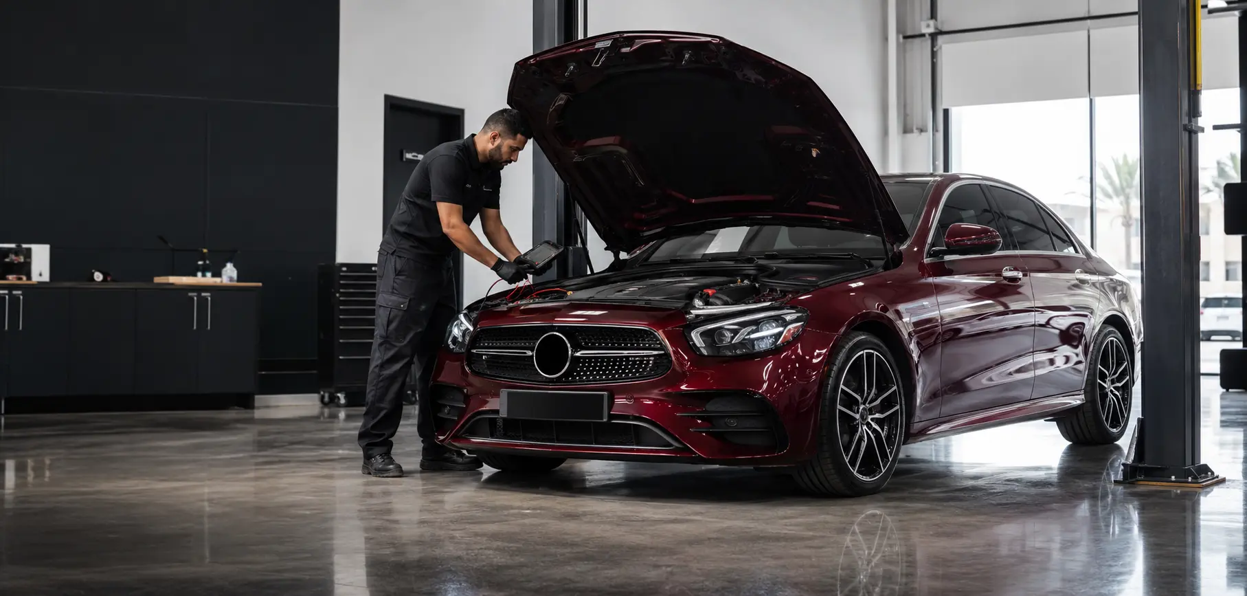 Technician testing the battery system of a red Mercedes sedan in a Dubai workshop