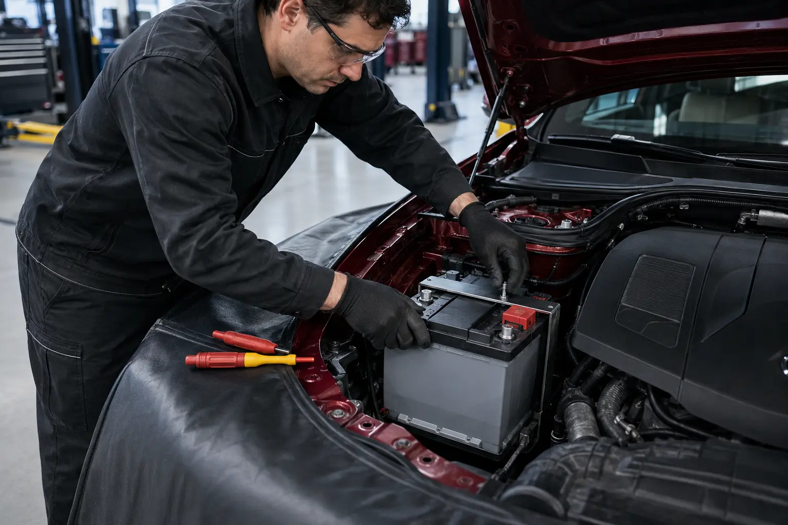 Technician securing a correctly sized battery in a Mercedes engine bay