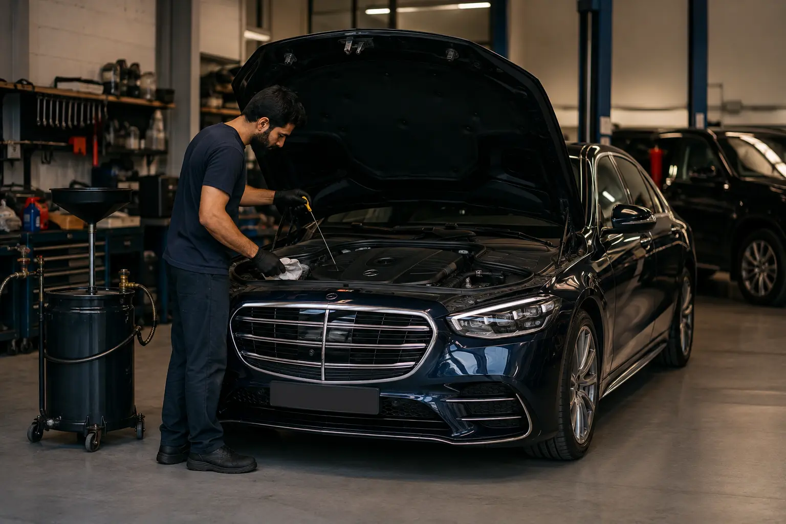 Technician inspecting a Mercedes engine during an oil change service in a Dubai workshop