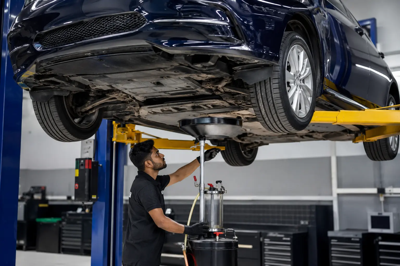 Technician safely draining engine oil from a Mercedes on a workshop lift