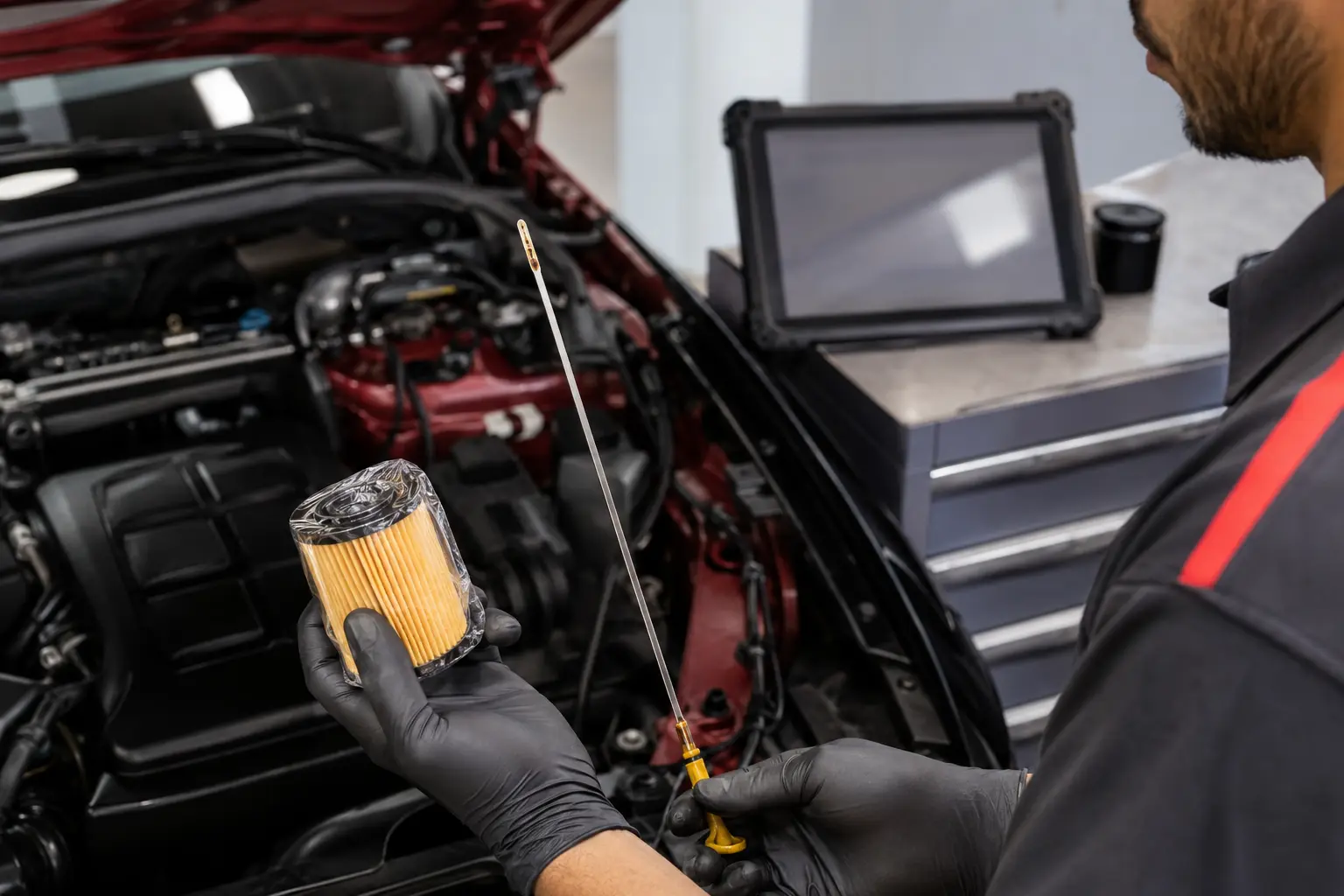 Technician comparing a clean oil filter and checking engine oil condition during Mercedes service