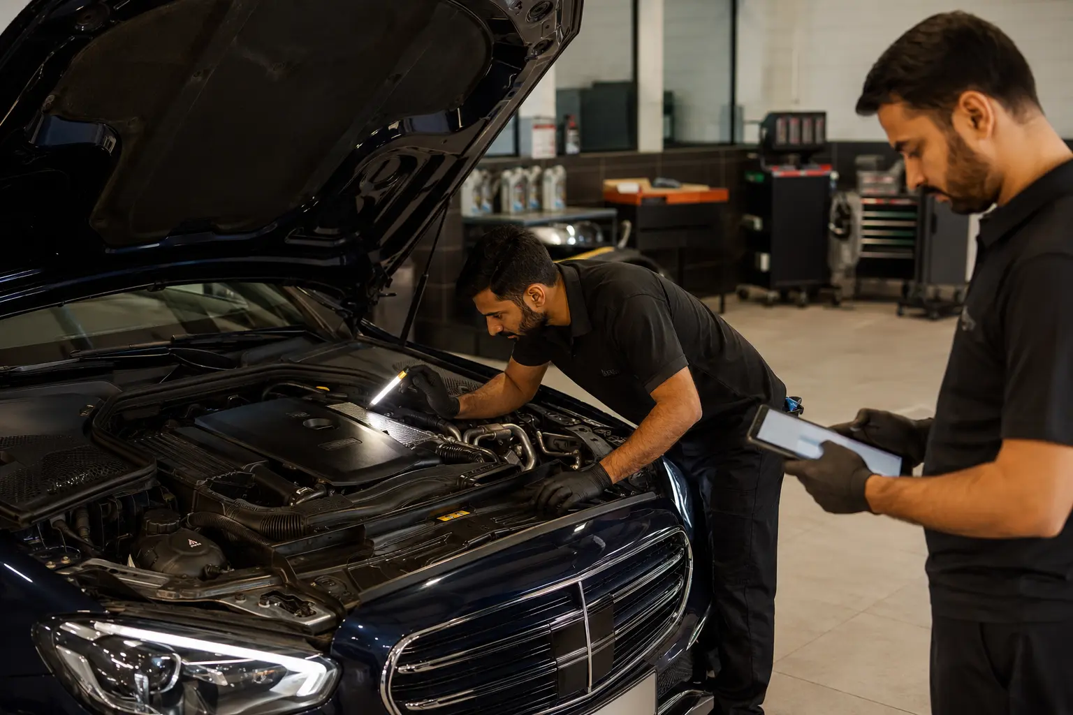 Technicians completing a final leak and engine bay inspection after Mercedes oil service