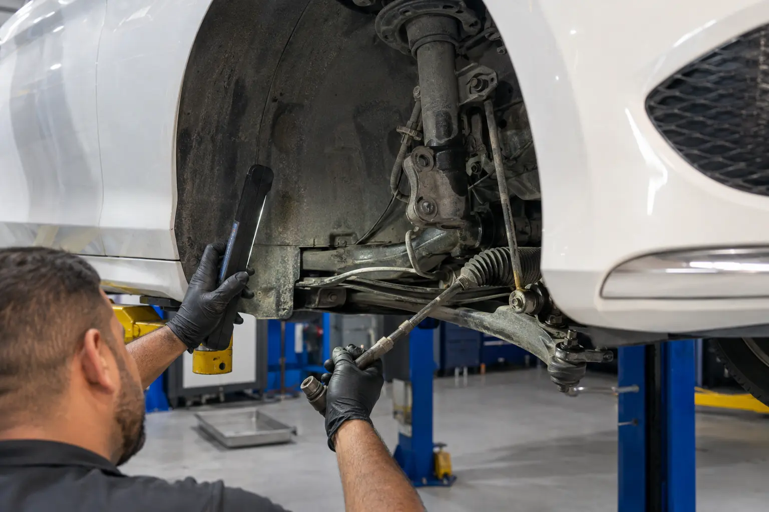 Technician inspecting a Mercedes tie rod and steering rack connection with a work light