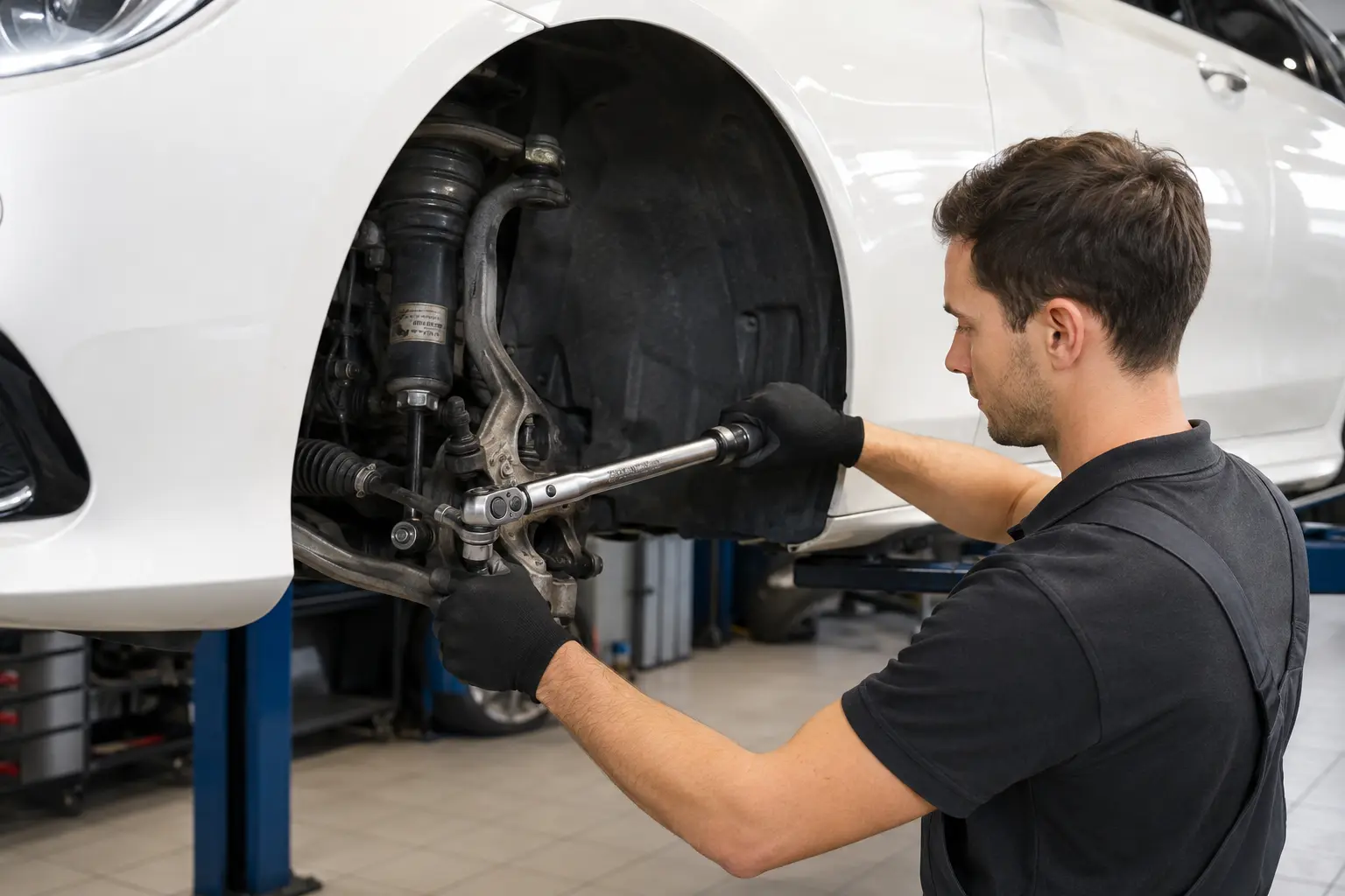Technician torque checking a Mercedes steering component after repair