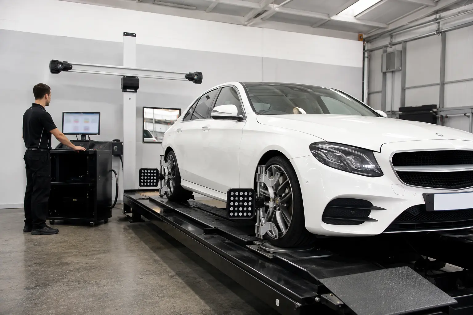 Mercedes on an alignment rack for final steering angle and wheel alignment verification