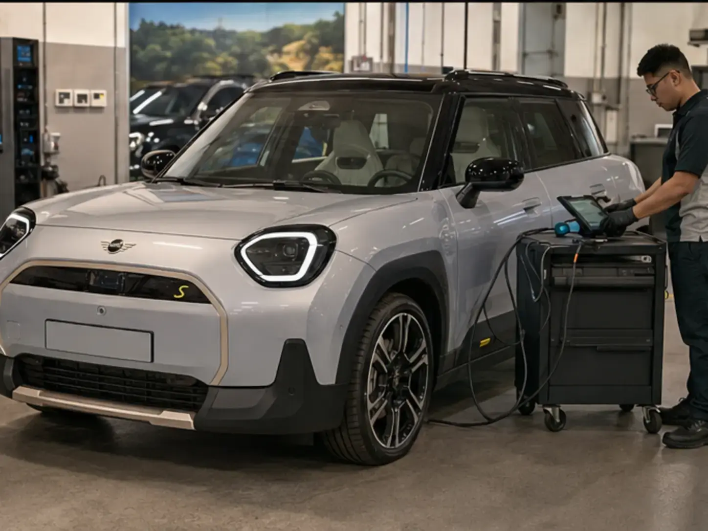 Technician completing low-voltage and cabin-function verification on a newest-generation MINI Aceman without energized high-voltage work