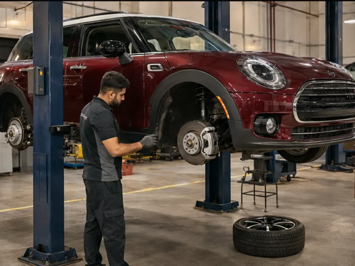 Technician inspecting brakes front suspension and tyres on a late-model MINI Clubman