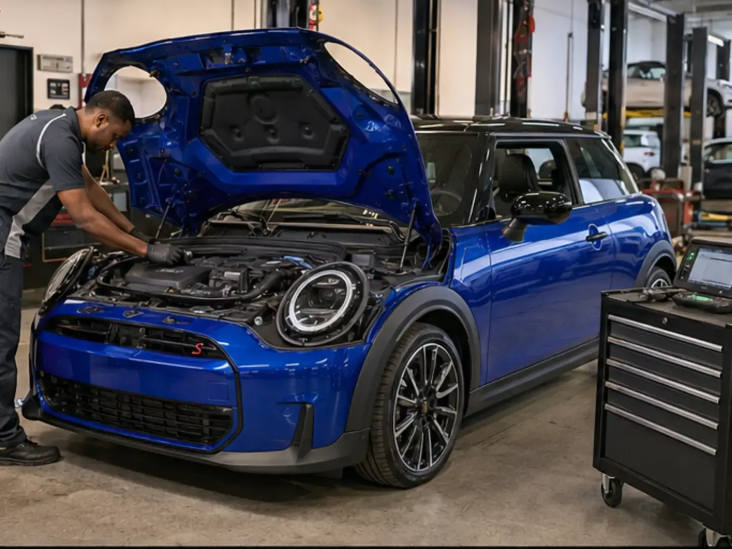 Technician inspecting engine cooling and visible connections on a newer MINI Cooper S in a complete workshop