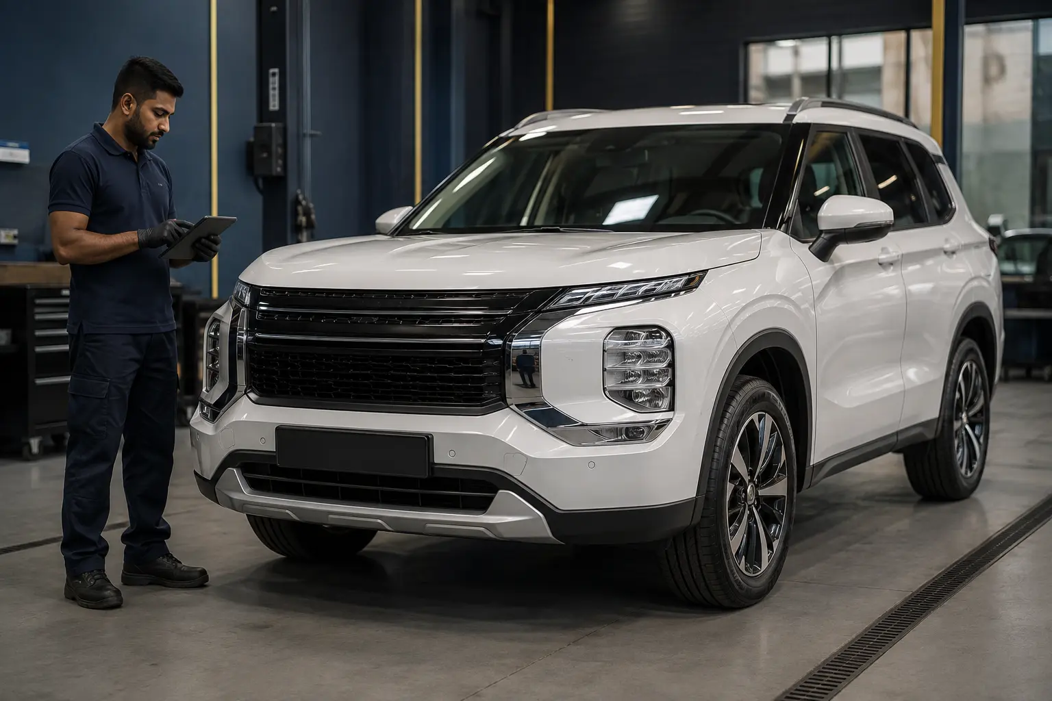 New Mitsubishi seven-seat SUV receiving diagnostic intake in a Dubai workshop