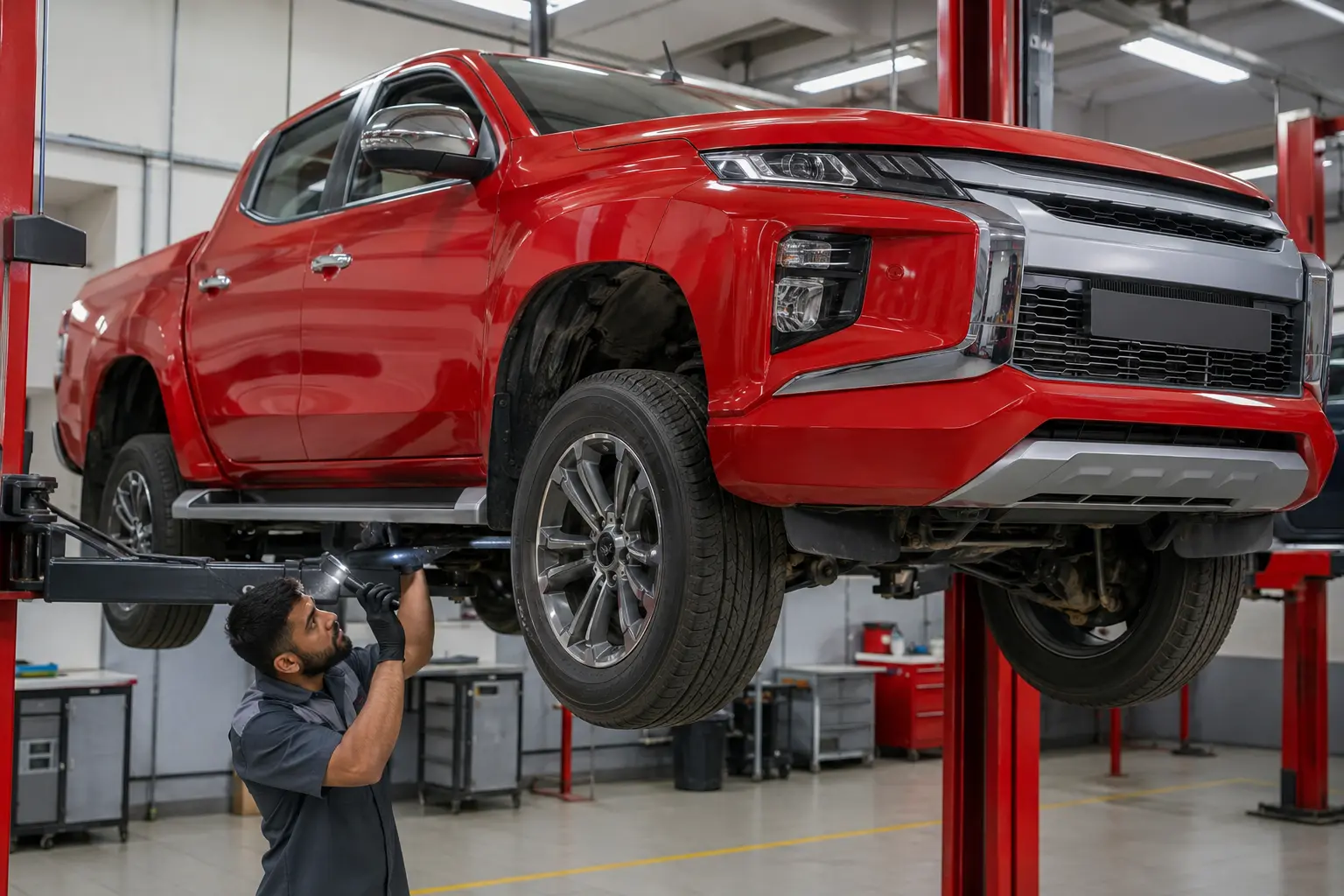 Technician inspecting Mitsubishi L200 underbody suspension and driveline