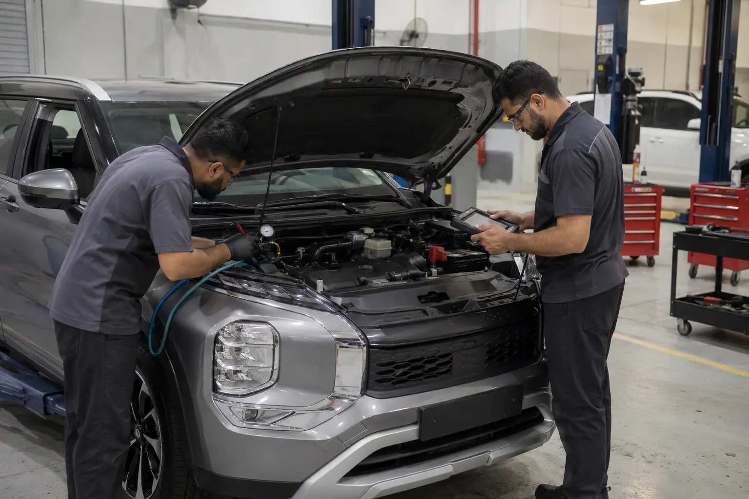 Technicians diagnosing a Mitsubishi Outlander in a Dubai workshop