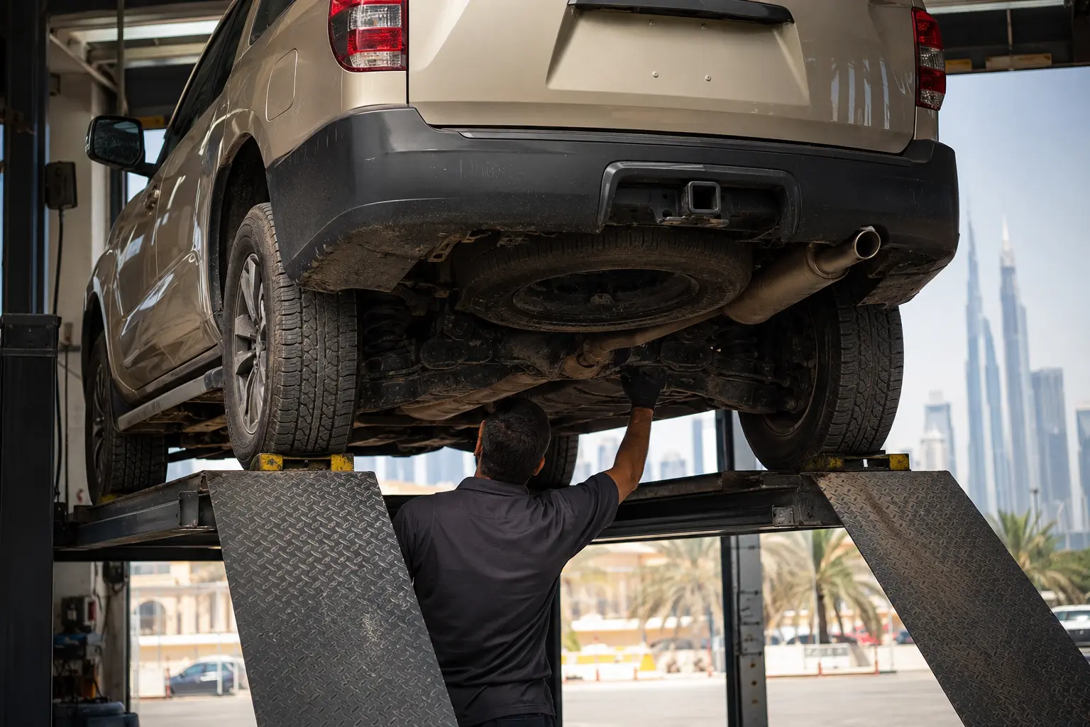 Nissan Pathfinder receiving tire suspension and underbody inspection