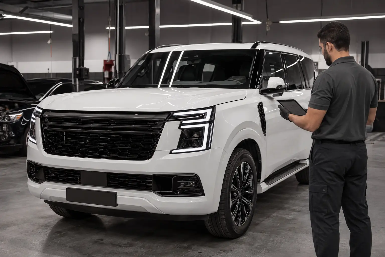 White Nissan Patrol beside a technician in a workshop