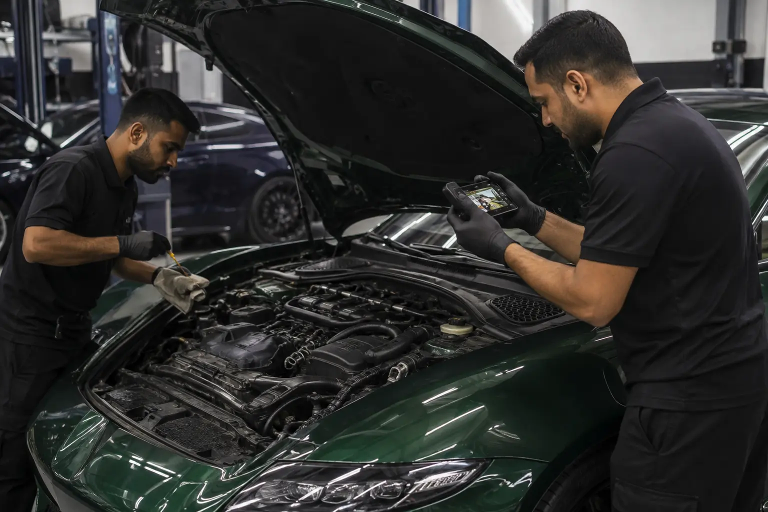 Technician checking the condition of a Noble performance car