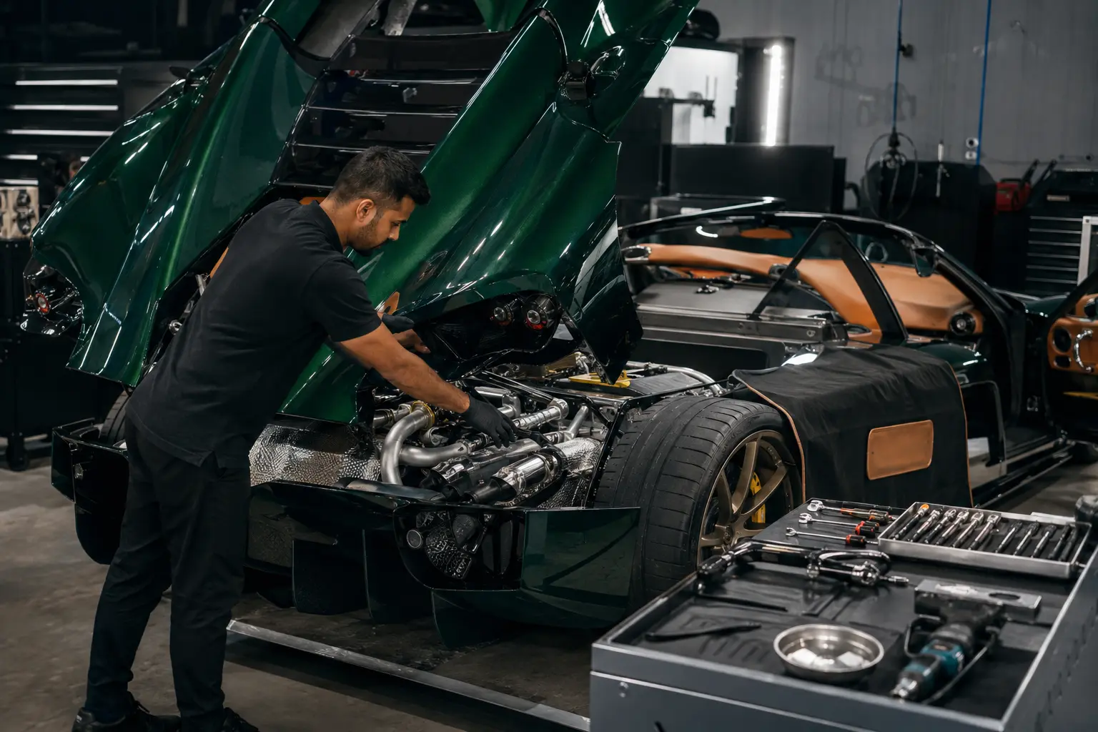 Performance car undergoing service at a workshop