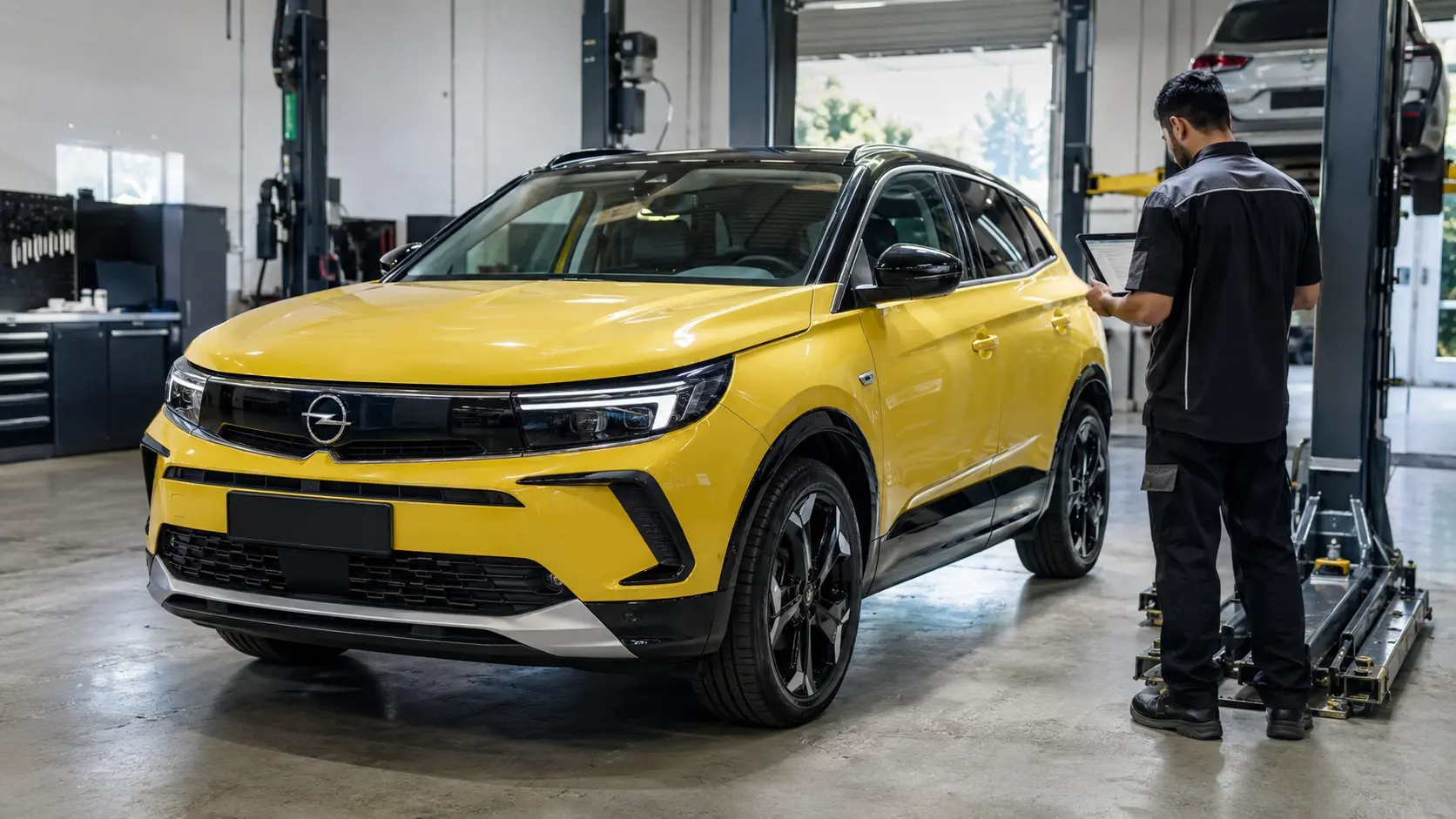 Recent Opel Grandland receiving a diagnostic inspection in a Dubai workshop