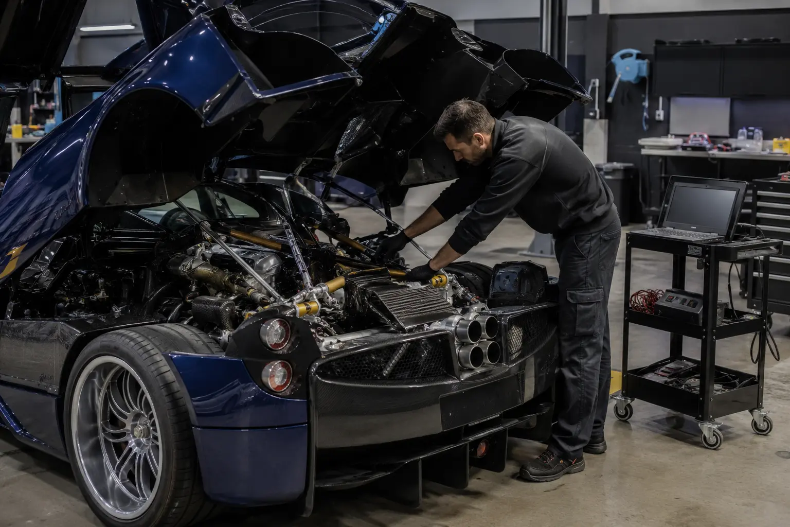 Technician inspecting the rear engine bay of a Pagani Huayra in a workshop