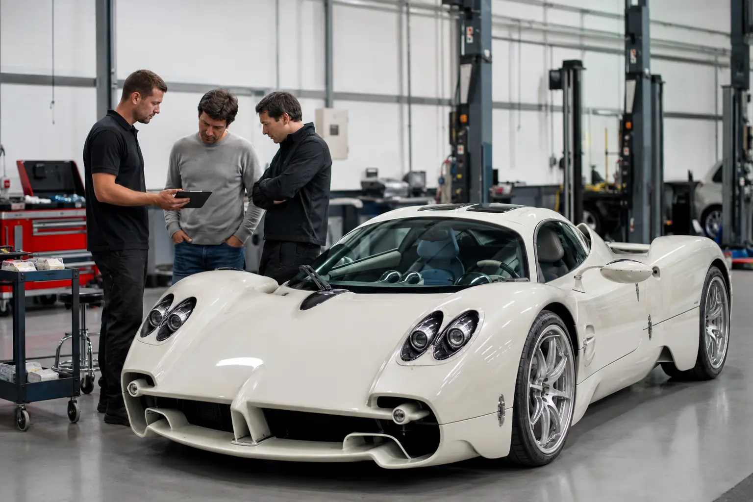 Pagani repair findings reviewed beside the vehicle in a workshop