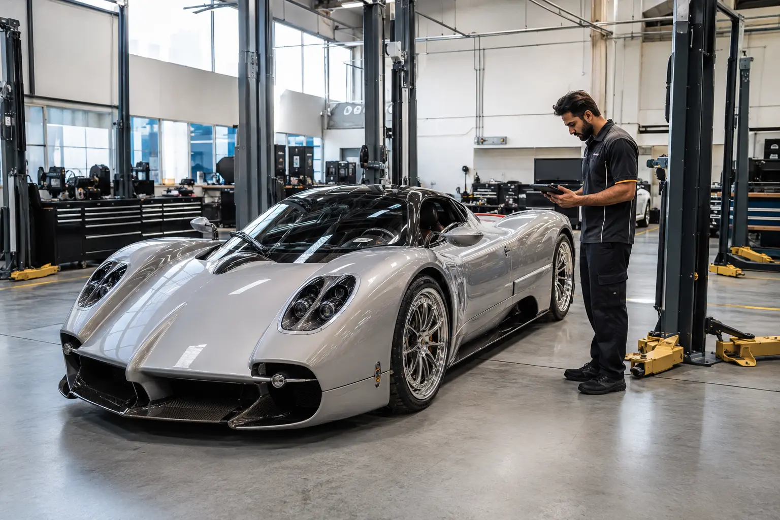 Silver Pagani Utopia receiving diagnostic intake in a Dubai workshop