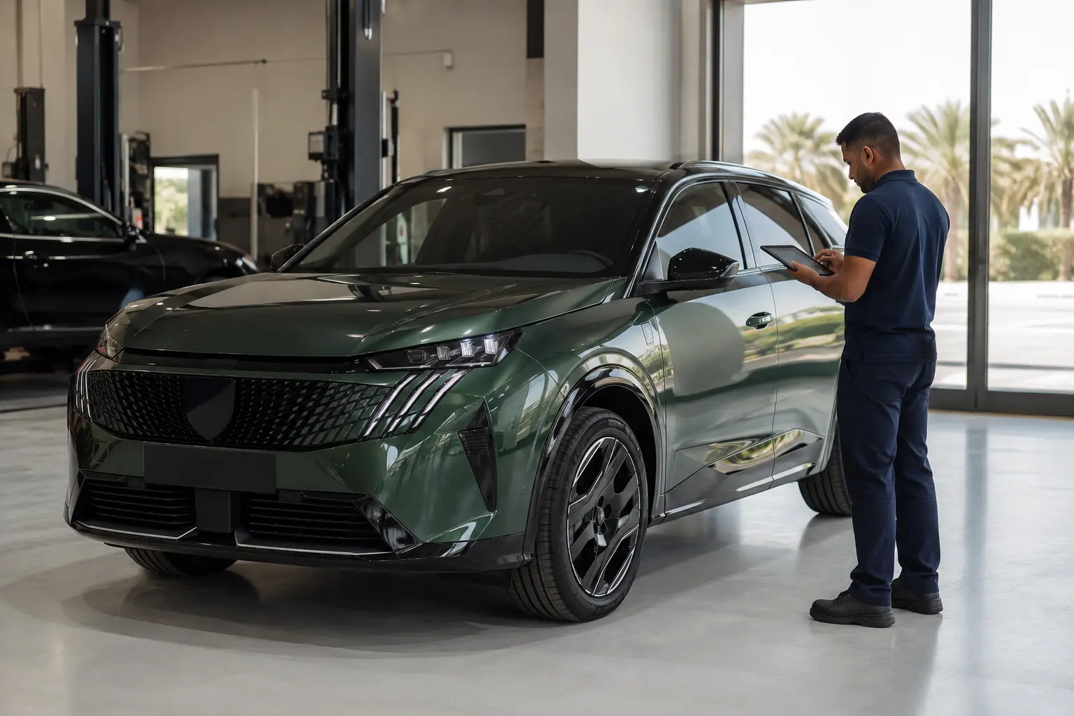 Peugeot 3008 arriving for repair inspection at a Dubai workshop