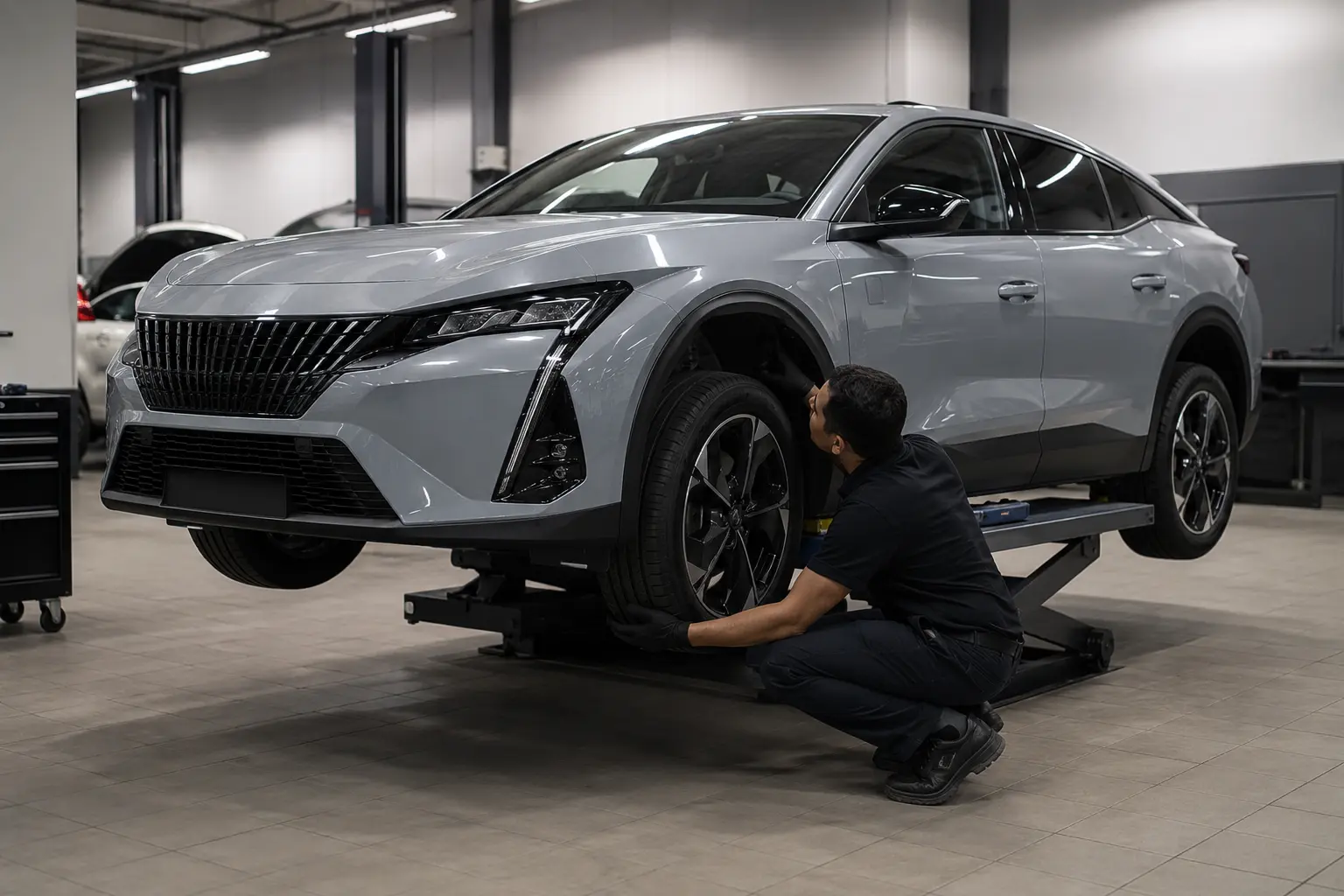 Peugeot 408 receiving wheel, brake and suspension inspection in Dubai
