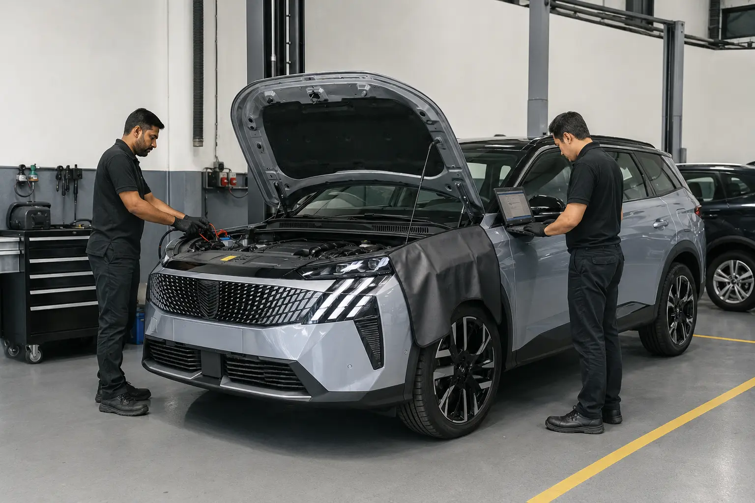 Peugeot 5008 undergoing engine diagnostics at a Dubai workshop