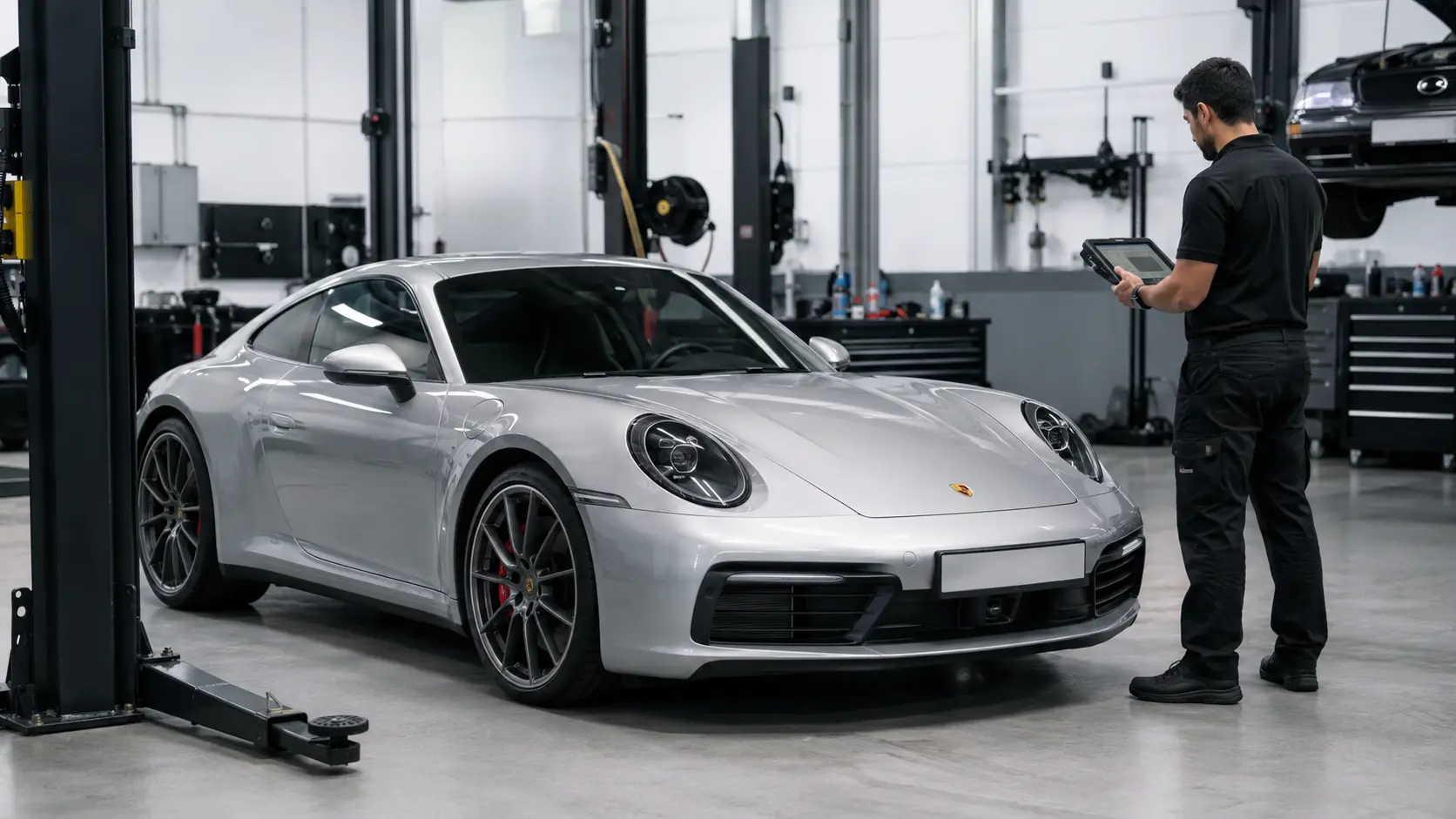 Recent Porsche 911 receiving a diagnostic inspection in a Dubai workshop
