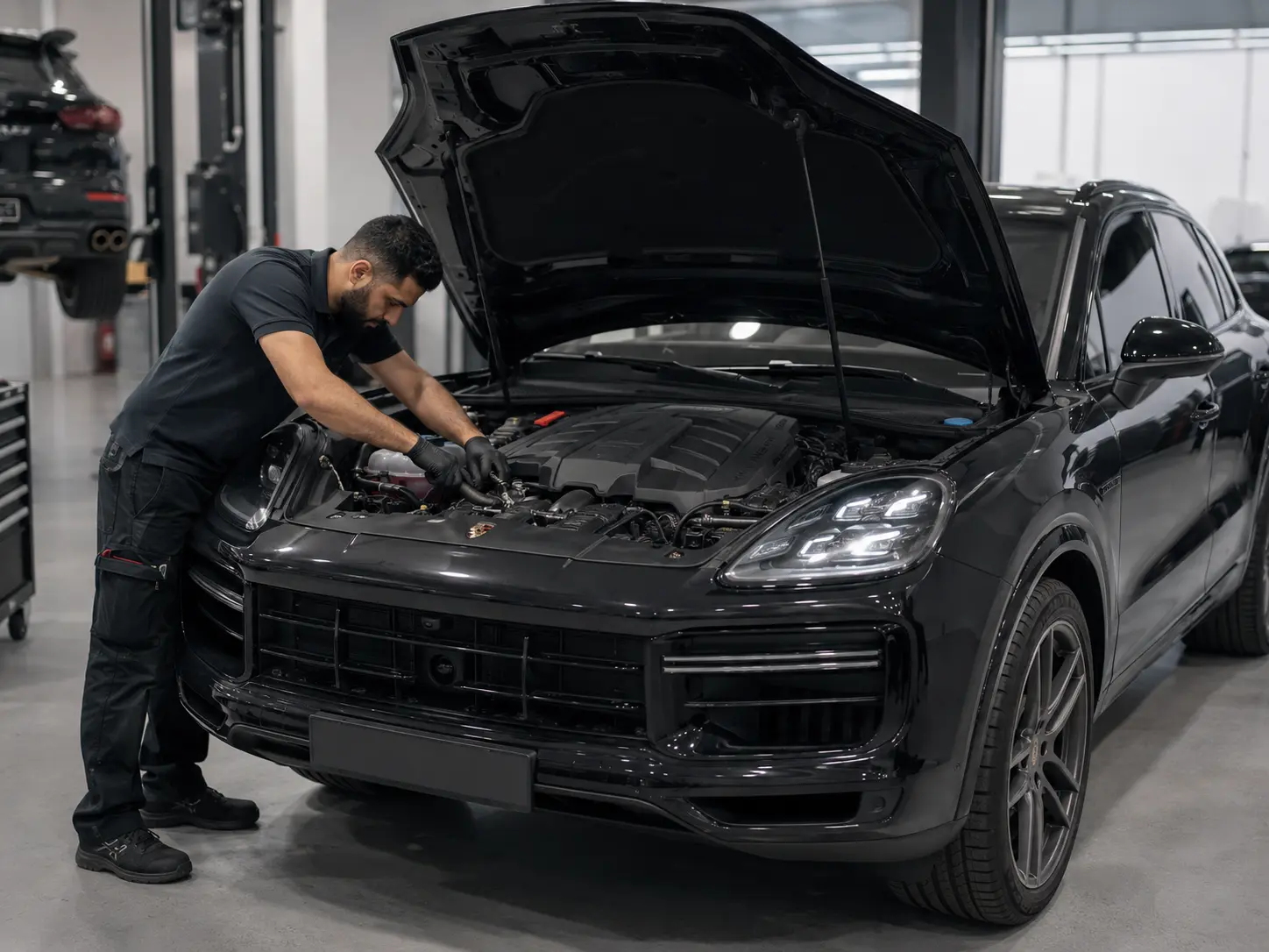 Recent Porsche Cayenne engine bay inspection in a Dubai workshop