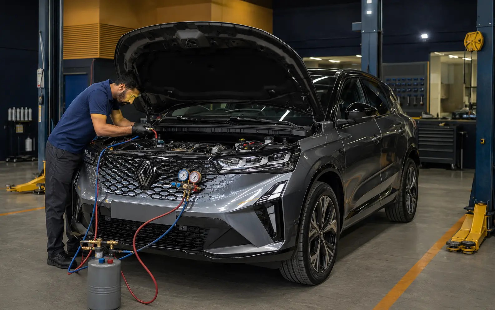 Technician inspecting the AC and cooling system of a current Renault crossover
