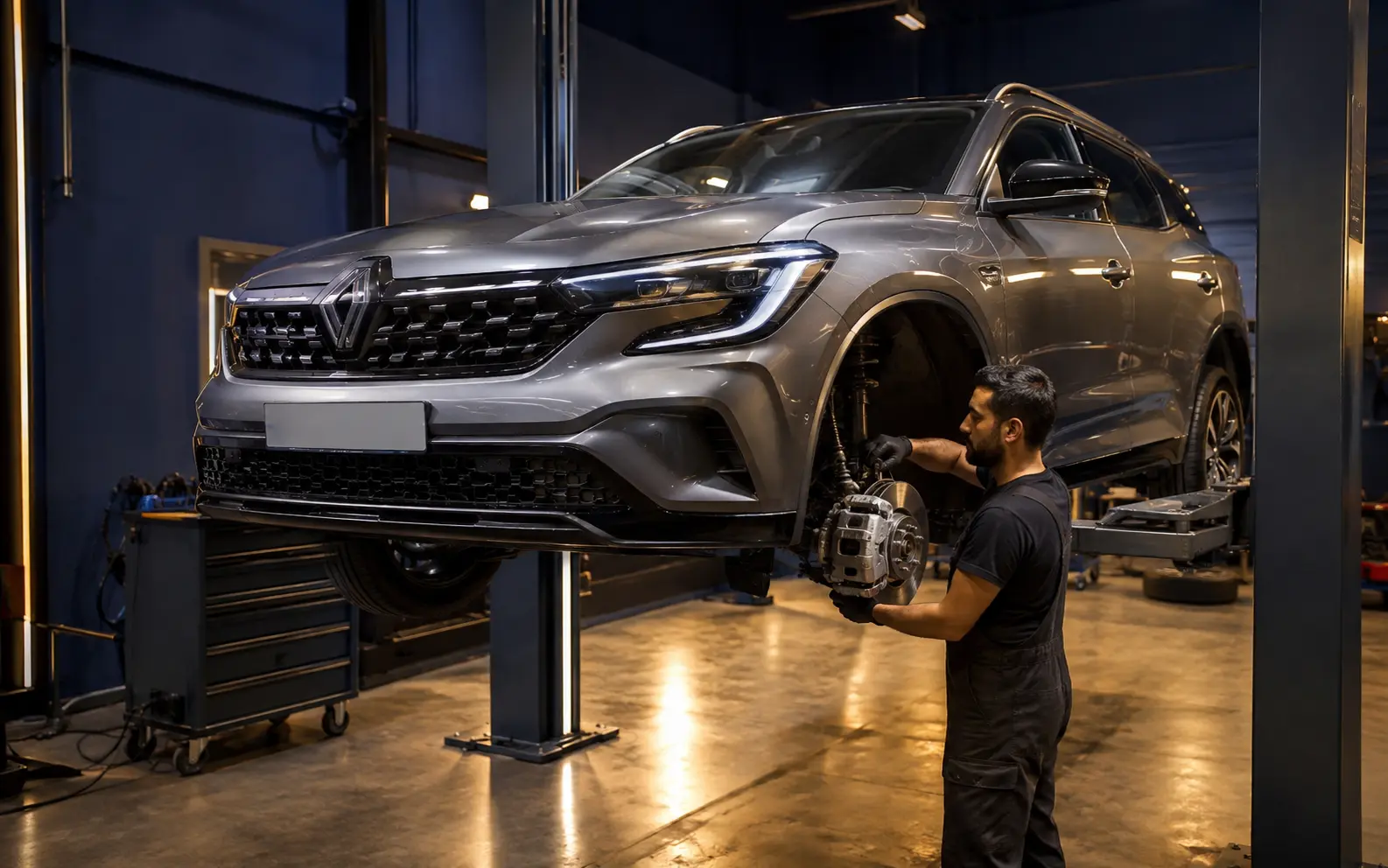 Technician inspecting the front brake and suspension of a current Renault crossover