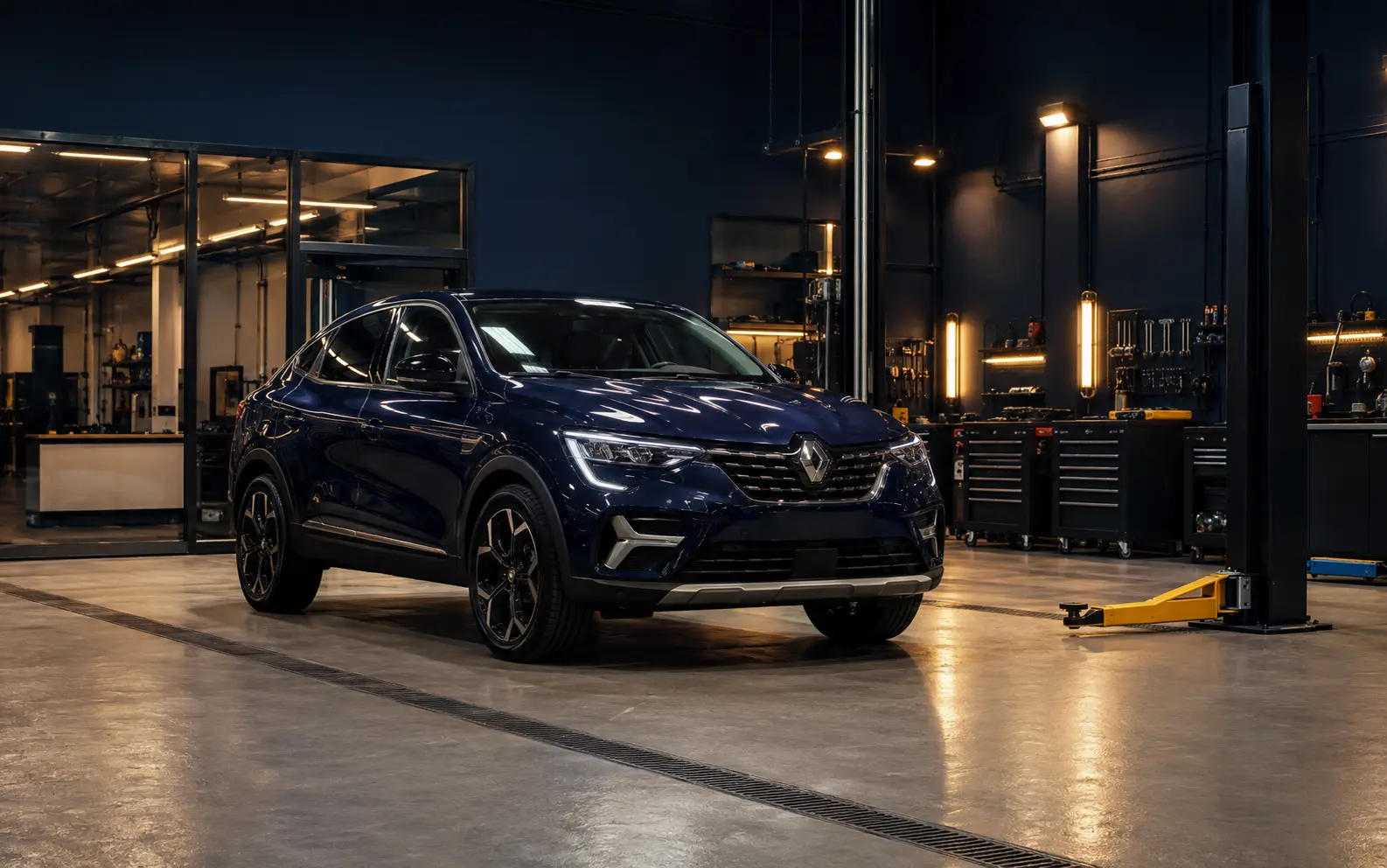 Current-generation Renault crossover inside a modern independent Dubai workshop