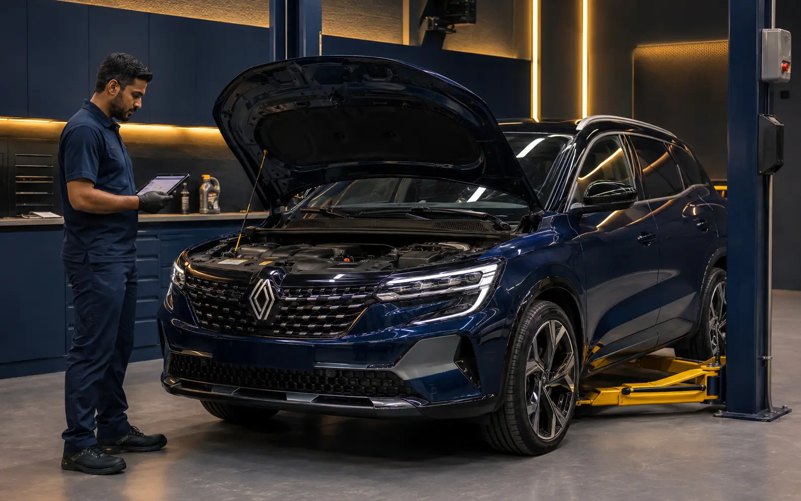 Technician carrying out a diagnostic inspection on a current Renault crossover