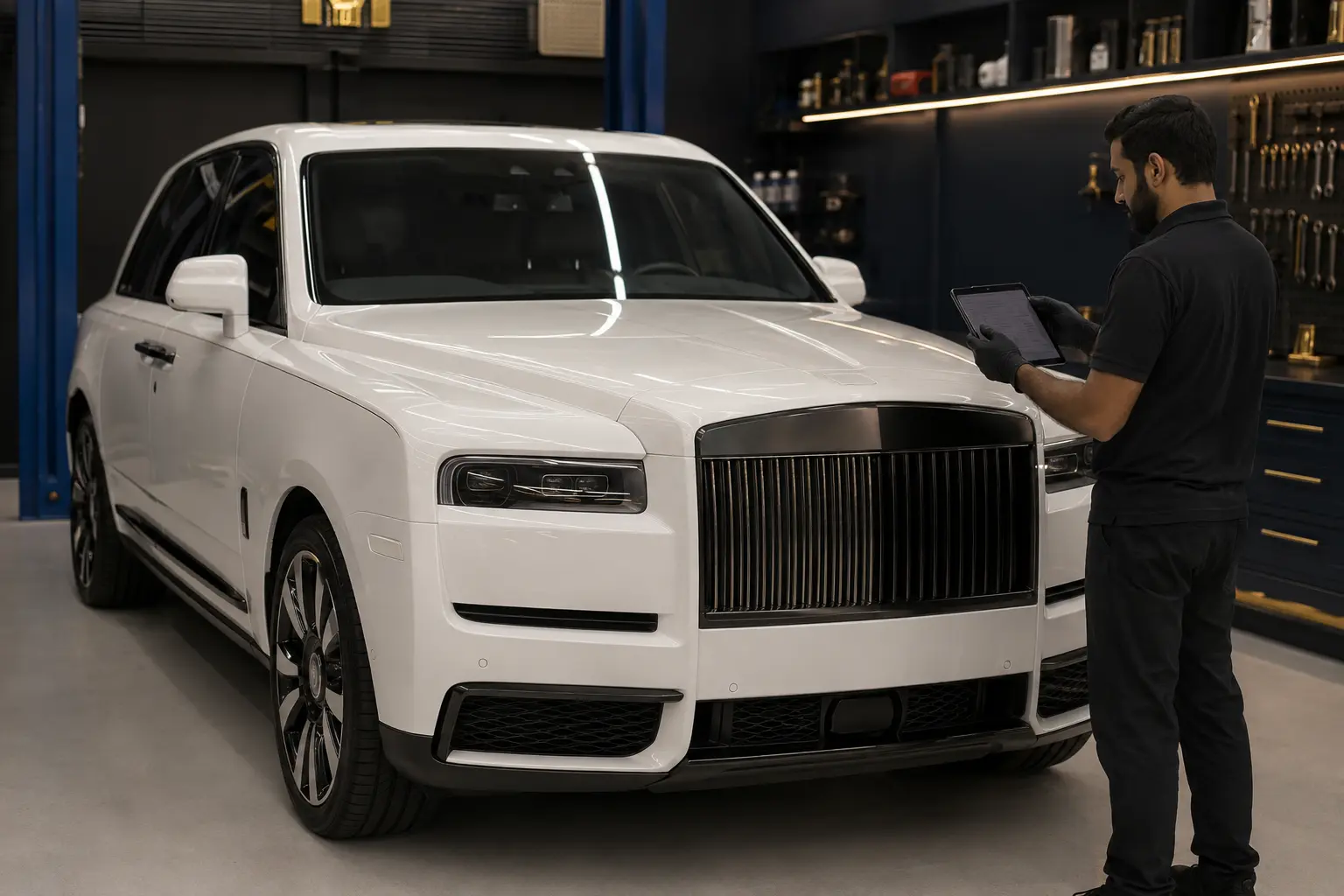 Rolls-Royce Cullinan receiving high-care intake in a Dubai workshop