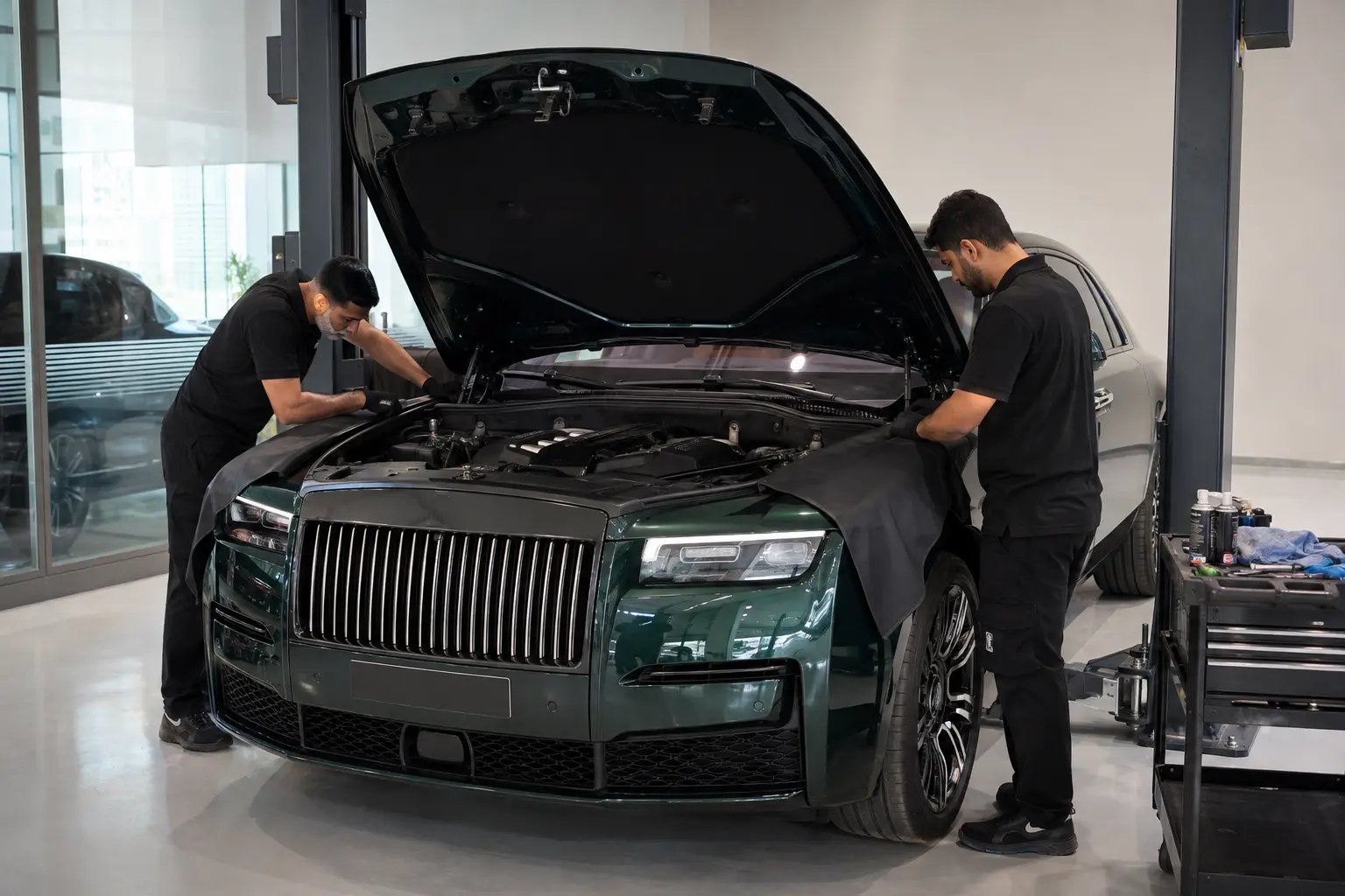 Technicians inspecting a Rolls-Royce Ghost engine bay in a Dubai workshop