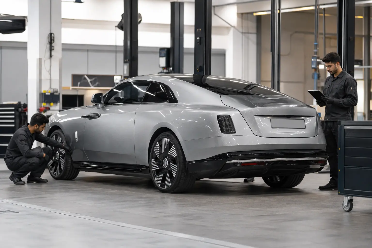 Rolls-Royce Spectre receiving tire and accessible EV inspection