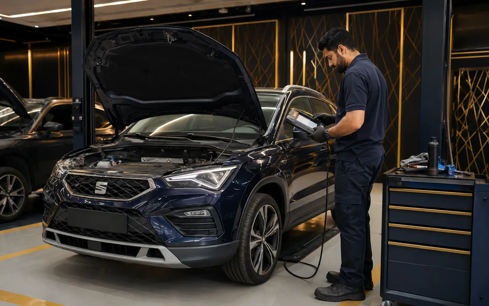 Technician carrying out computer diagnostics on a current SEAT Ateca