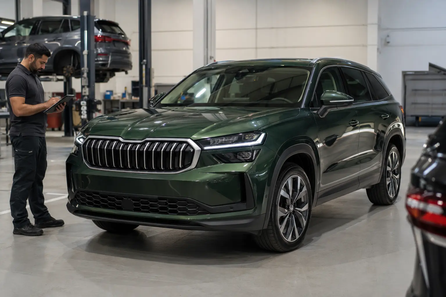 Green Škoda Kodiaq parked in a workshop beside a technician