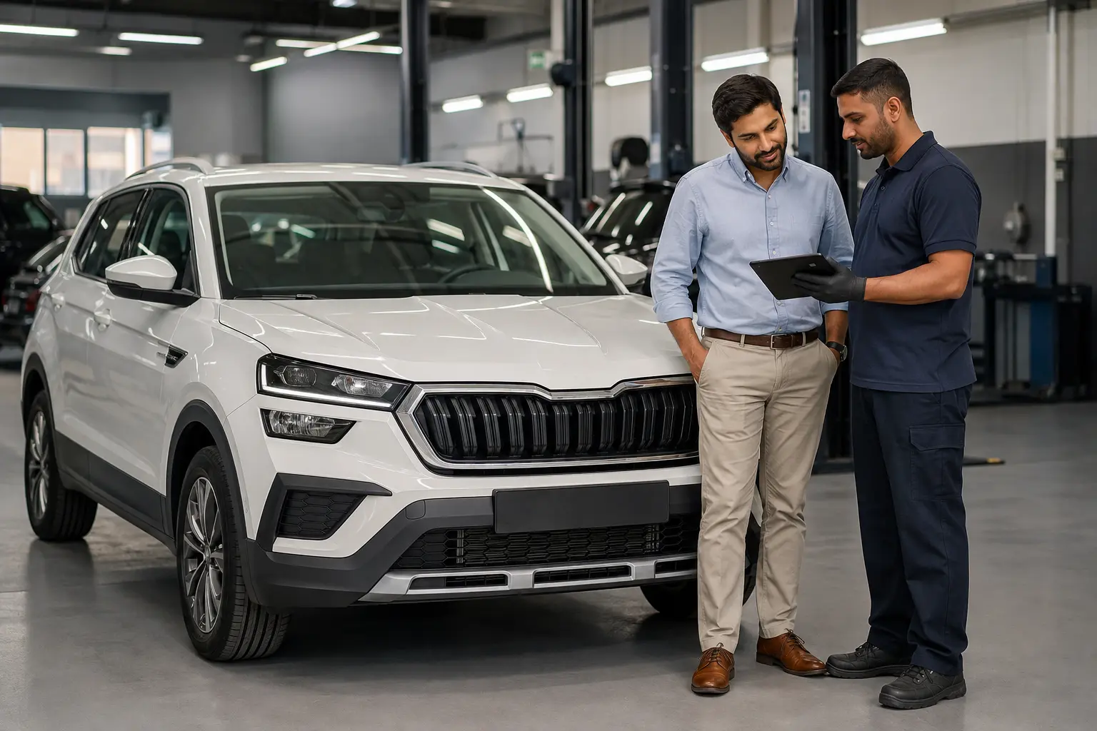 Two people discussing a document beside a white Škoda SUV in a workshop