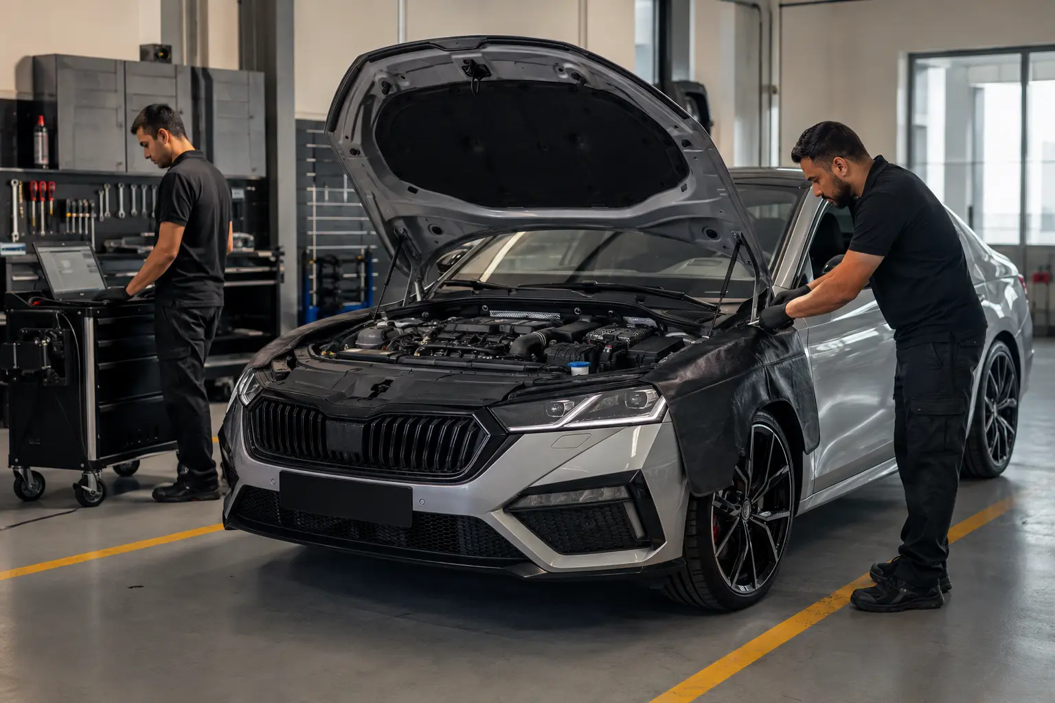 Grey Škoda with its bonnet open beside a technician in a workshop
