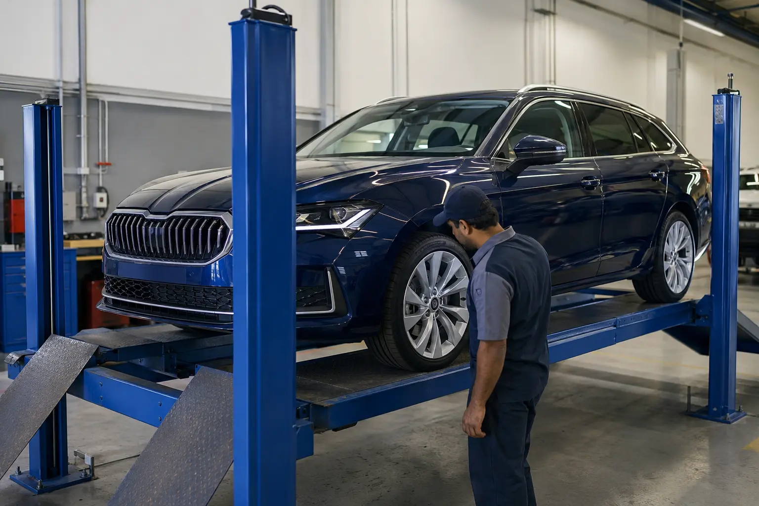 Dark blue Škoda vehicle on a workshop lift beside a technician