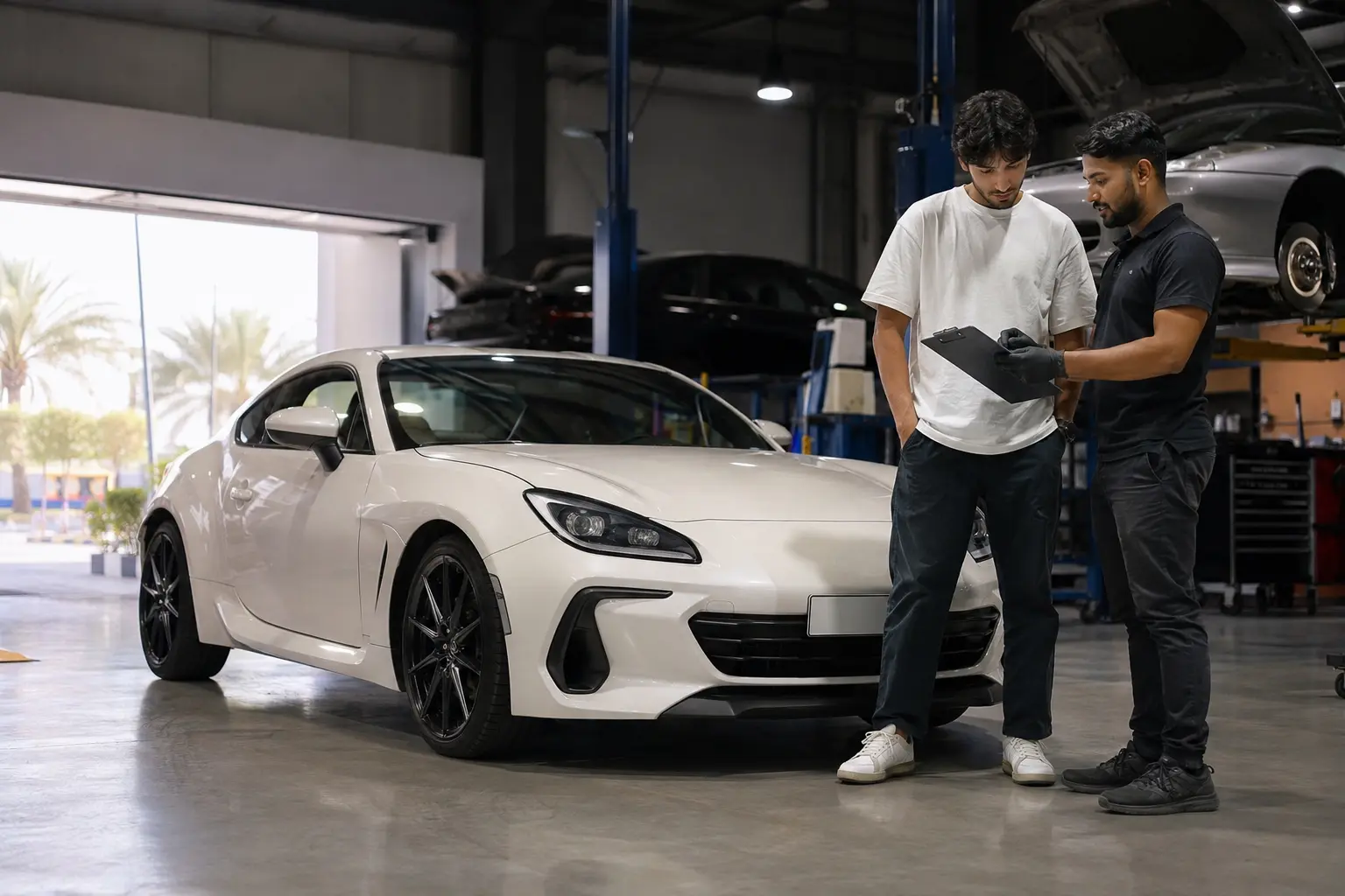 Subaru BRZ beside a technician during a workshop discussion