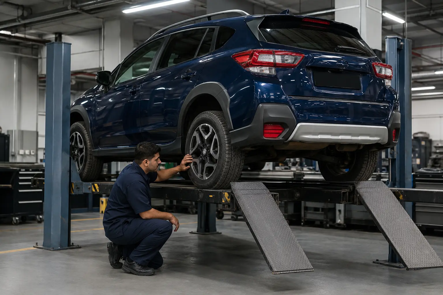 Technician near a Subaru Crosstrek during a chassis check