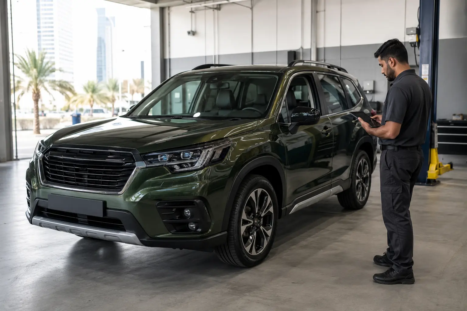 Green Subaru Forester with a technician in a workshop