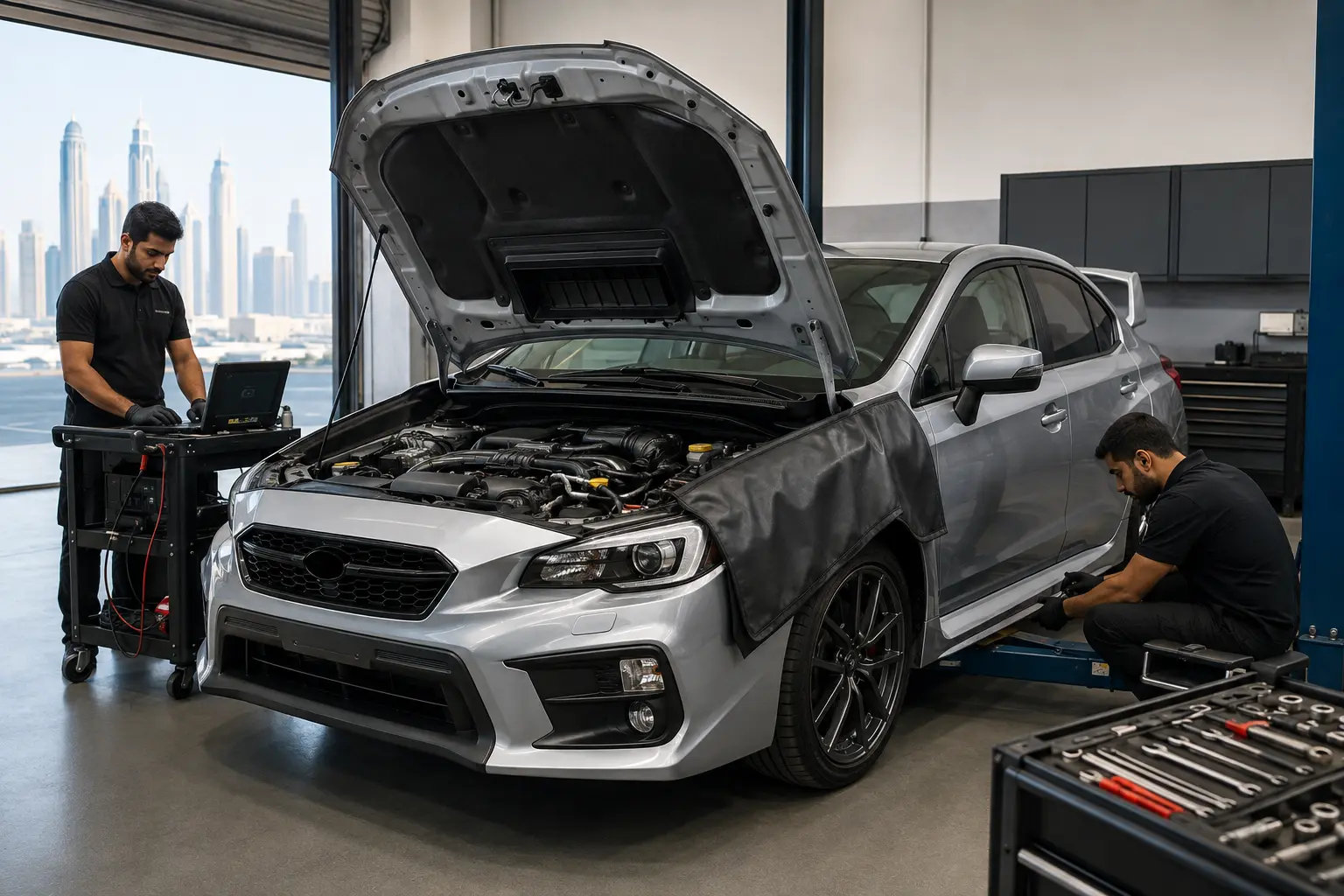 Subaru WRX engine bay being checked in a workshop