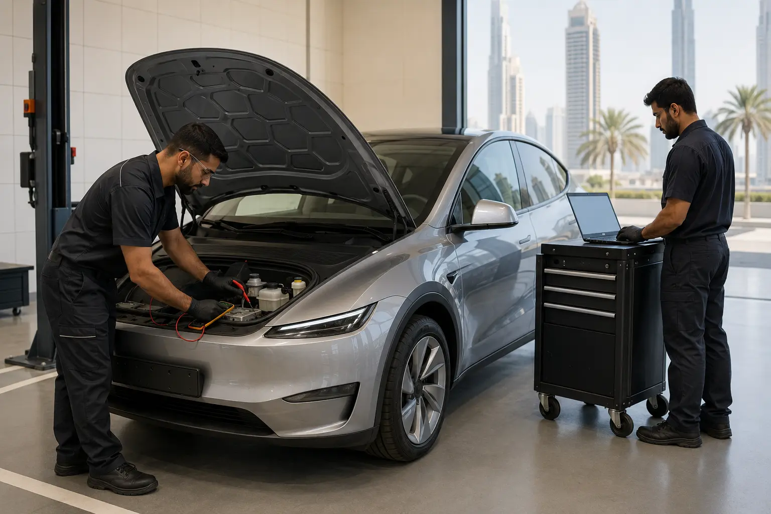 Technicians checking accessible low-voltage systems on a Tesla Model Y